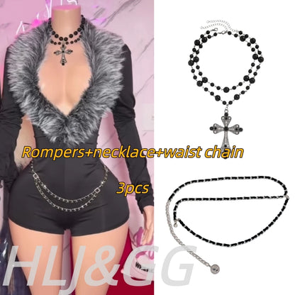 HLJ&GG Black Sexy Fur Splicing Deep V Bodycon One Piece Rompers Women Long Sleeve Slim Jumpsuits Fashion Streetwear With Belt