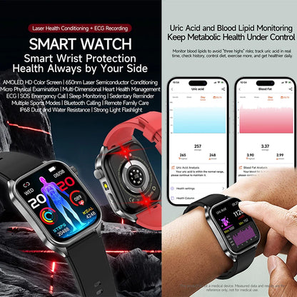 2026 New Health Smart Watch Laser Therapy Reduce Three Highs Blood Oxygen Pressure Uric Acid Blood Lipid ECG Smartwatch For Man