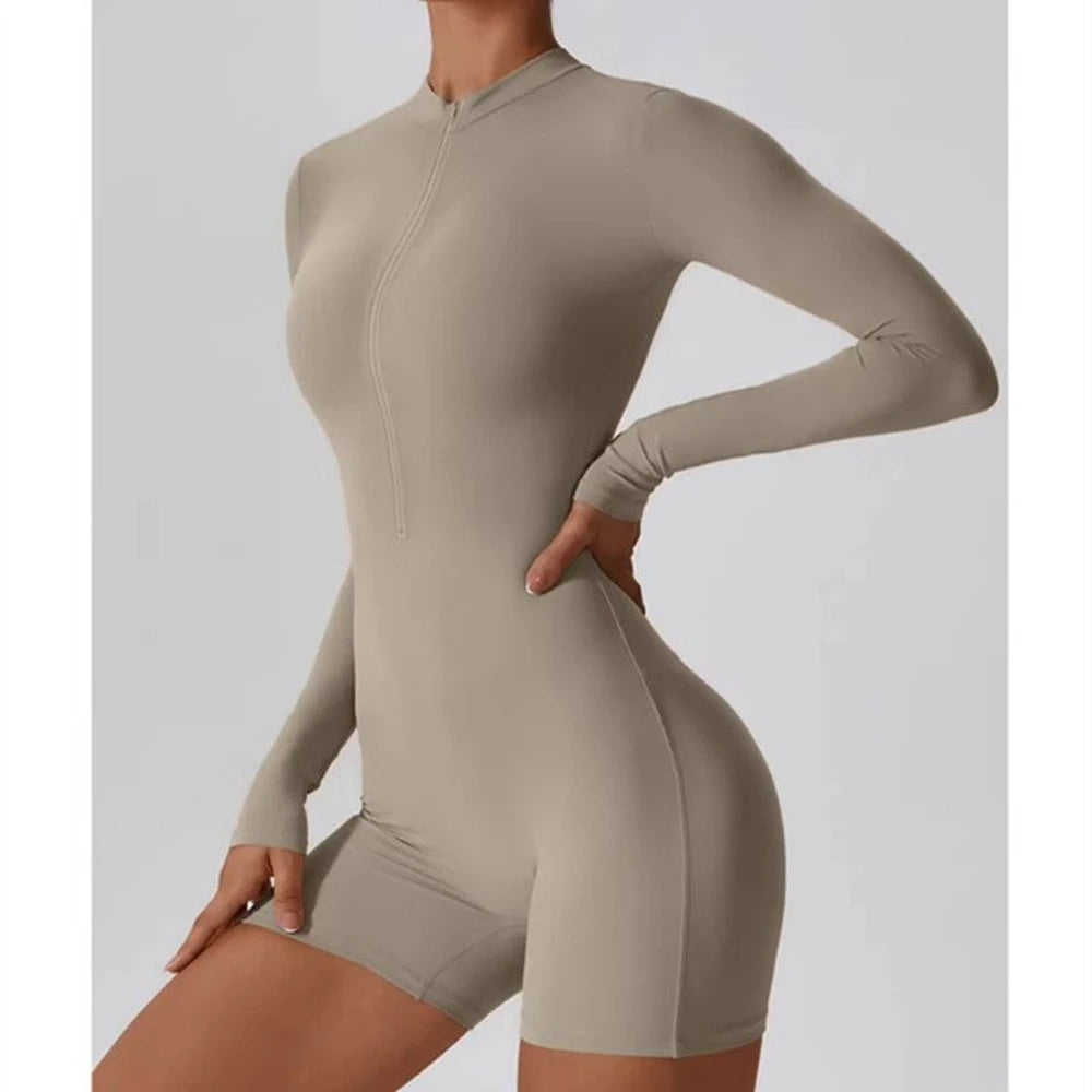 Women's Short Jumpsuits Slim Fit Stretch One Piece Yoga Playsuits Long Sleeve Romper Sexy Fitness Female GYM Basic Sportwears