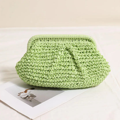 2025 New Women Straw Woven Bag Chain Strap Straw Clutch Purse Large Capacity Stylish Crossbody Bag Solid Color for Summer Beach