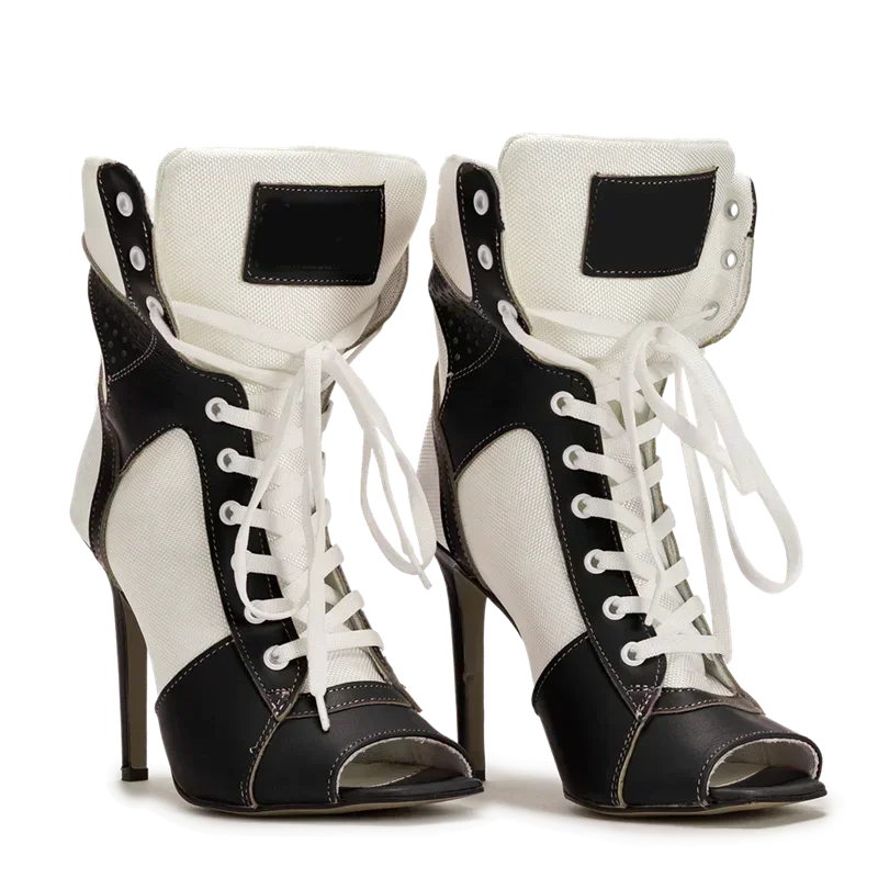 Peep Toe Corss Tied Patchwork Ankle Boots Sexy Square Toe Thick Heel New Arrivals Fashion Women Runway Shoes