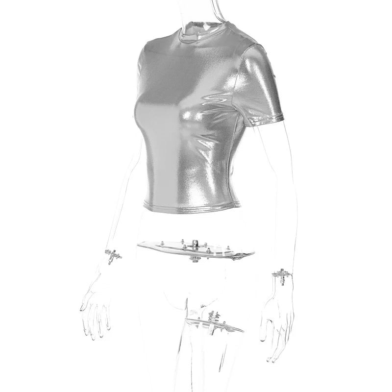 Leather Solid O Neck Short Sleeves Sexy Slim Y2K T-Shirt Top 2024 Summer Women Fashion Tees Streetwear Grunge Clothes