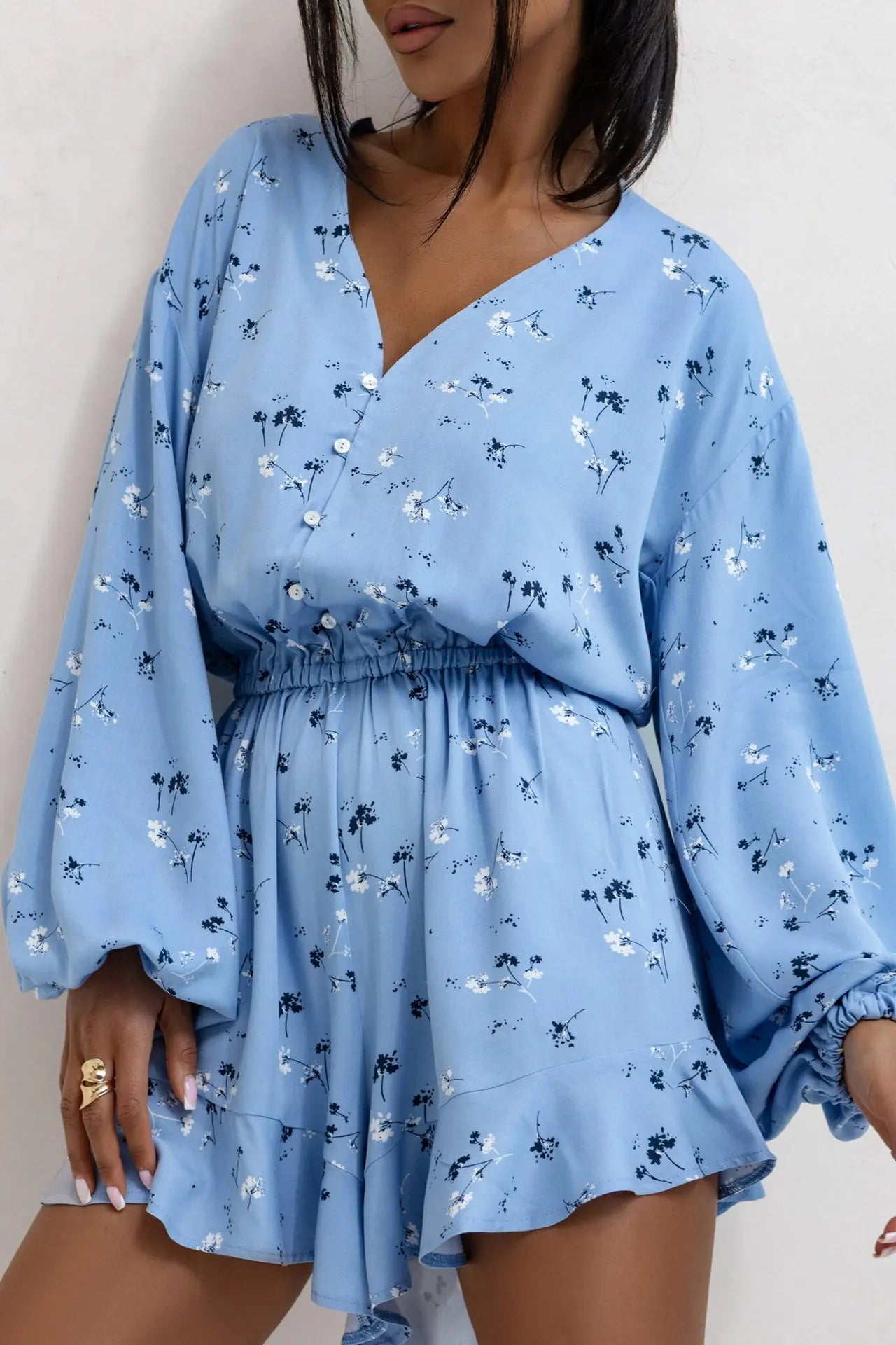 Fashion Print Jumpsuit V-neck Buttons Long Sleeves High Waist Spliced ruffle Slim Shorts Jumpsuits For Women Spring New Style