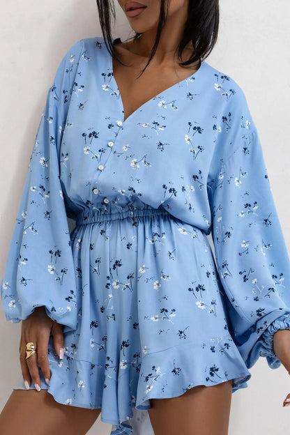 Fashion Print Jumpsuit V-neck Buttons Long Sleeves High Waist Spliced ruffle Slim Shorts Jumpsuits For Women Spring New Style