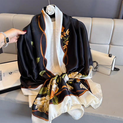 180*90cm Large Silk Satin Scarf Women Fashion Printed Scarf Spring And Summer Styles New Shawl Wrap Female Hand 2025 NEW