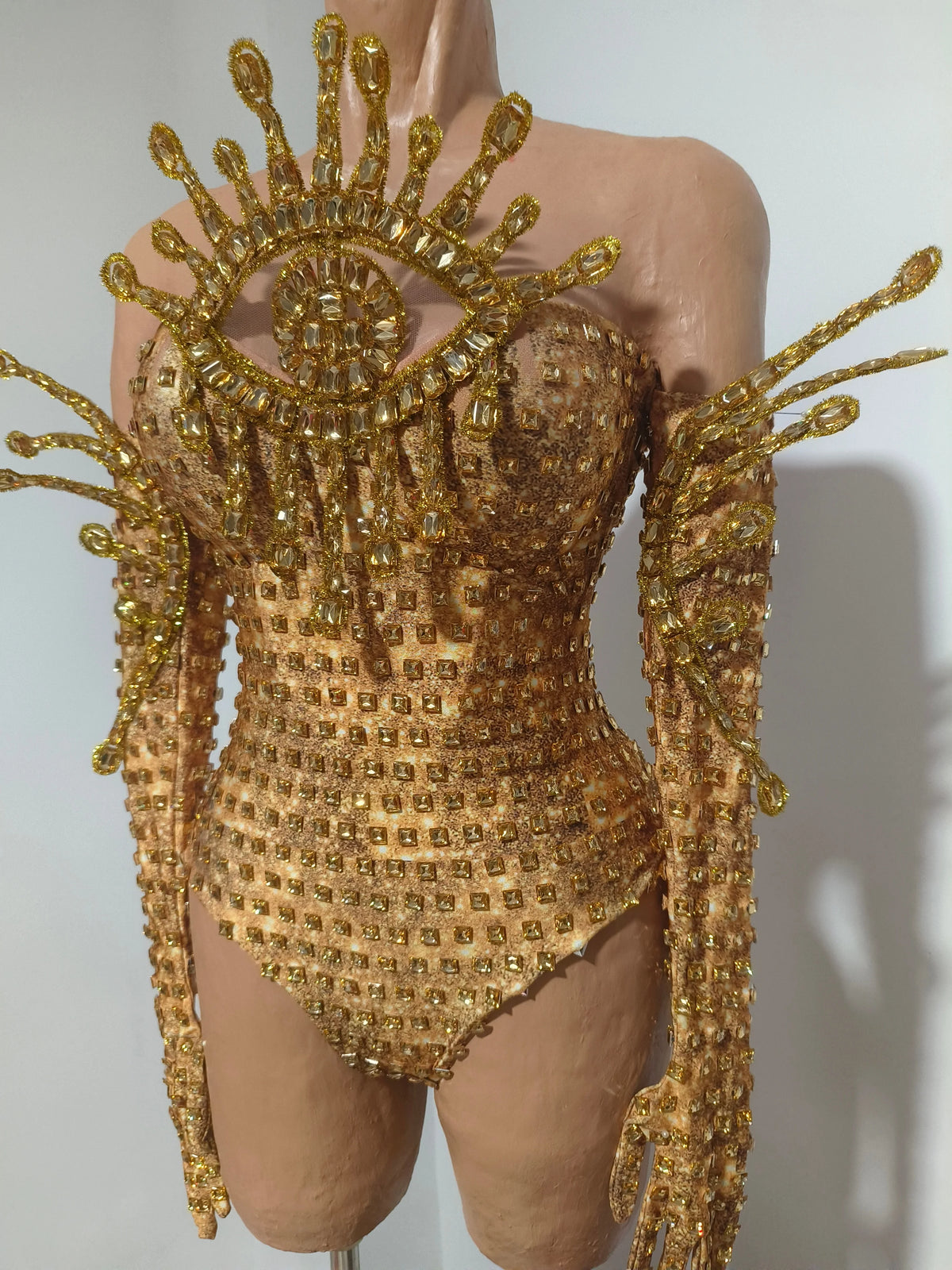 Sexy Sparkly Golden Rhinestones Eyes Stretch Bodysuit Women Eveing Birthday Party Nightclub Bar Singer Dancer DJ Stage Costume