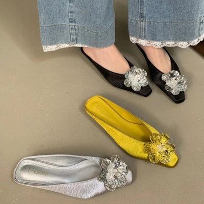 Luxury Crystal Flower Design Slippers for Women Summer 2025 Fashion Square Toe Backless Flat Sandals Elegant Party Mule Shoes