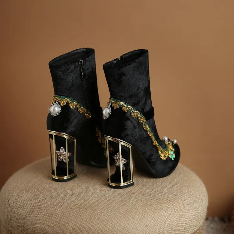 Royal Gemstone Jeweled Flower Velvet Ankle Boots Floral Crystal Cage Fretwork High Heels Blue Red Black Woman Bridal Booties