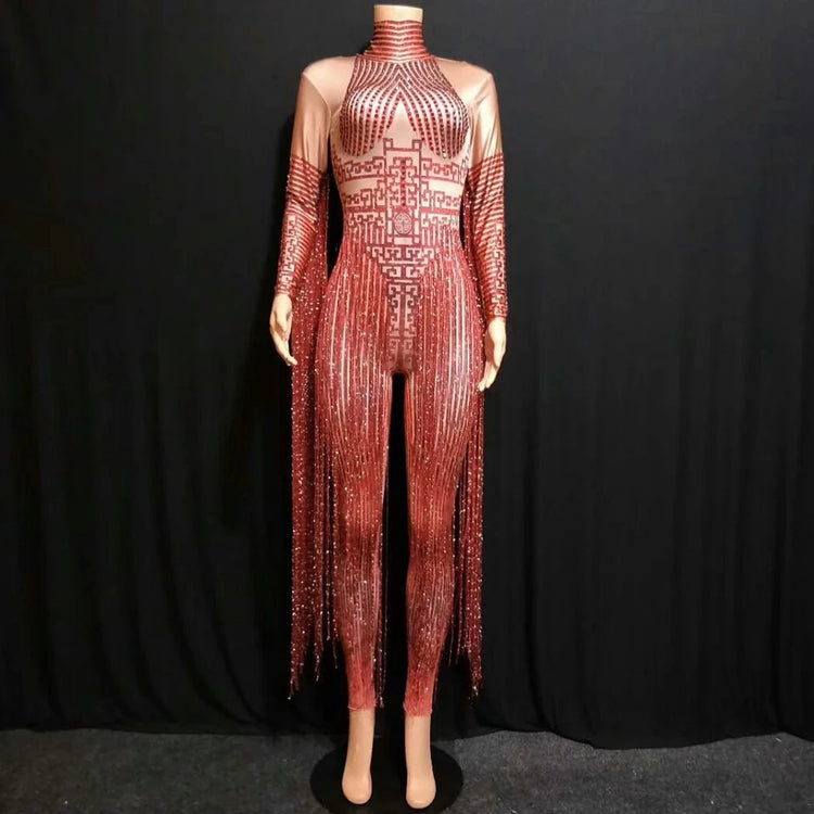 Shining Rhinestone Red Fringe Jumpsuits Women Long Sleeve Stretch Leotard Nightclub Singer Pole Dance Stage Wear Tassel Costume