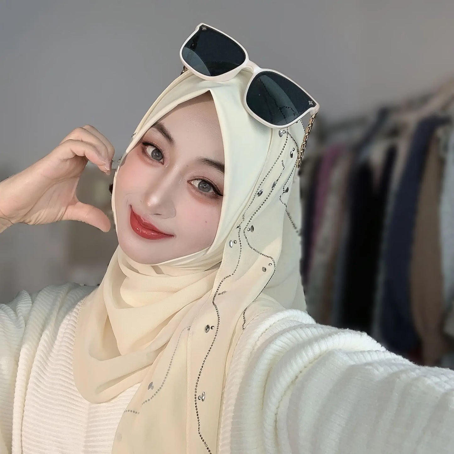 Malay Solid Chiffon Turban Head Scarf for Women, Irregular Rhinestone Hotfix Wrapped L-Edge Pull-On Scarf,Soft Muslim Hijab Wrap