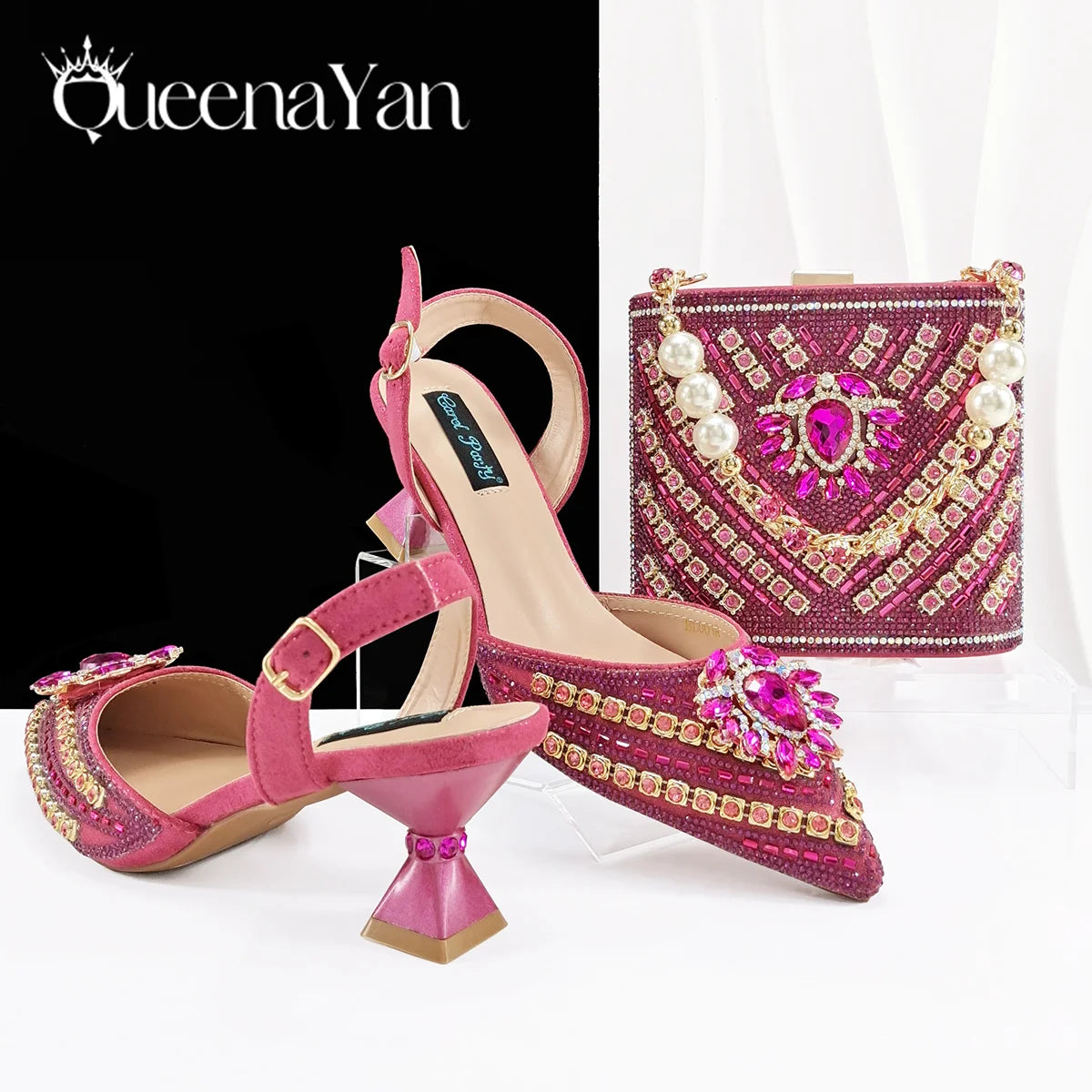 Queena Yan 2025 Italian Style Pointed Toe Rhinestone High Heels and Gold Wedge Bag Set - Elegant Ladies Party Women Shoes Heel