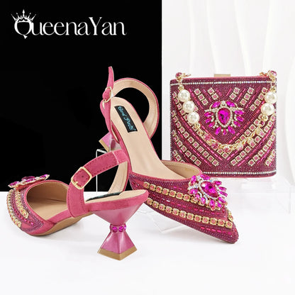 Queena Yan 2025 Italian Style Pointed Toe Rhinestone High Heels and Gold Wedge Bag Set - Elegant Ladies Party Women Shoes Heel