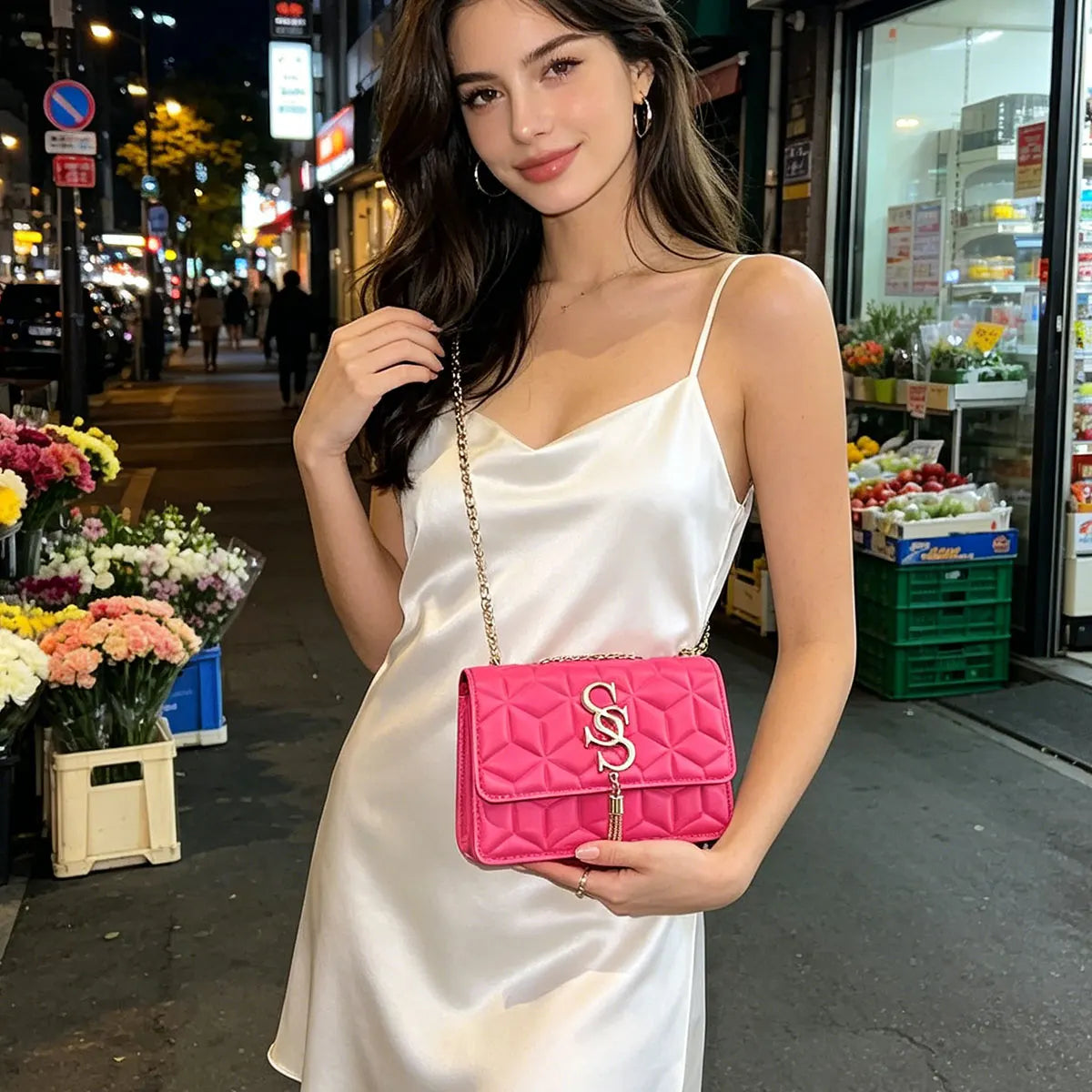 Light Luxury Trend Argyle Quilted Small Square Bag Metal Letter Tassel Flap Crossbody Bags Commuting Fashion Shoulder Bag