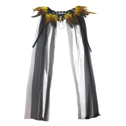Black Halloween Feather Cloak Elegant Mesh Fringe Hollow Lace Mesh Cape Fur Collar Flowing Festival Costume Cape Gothic Carnival