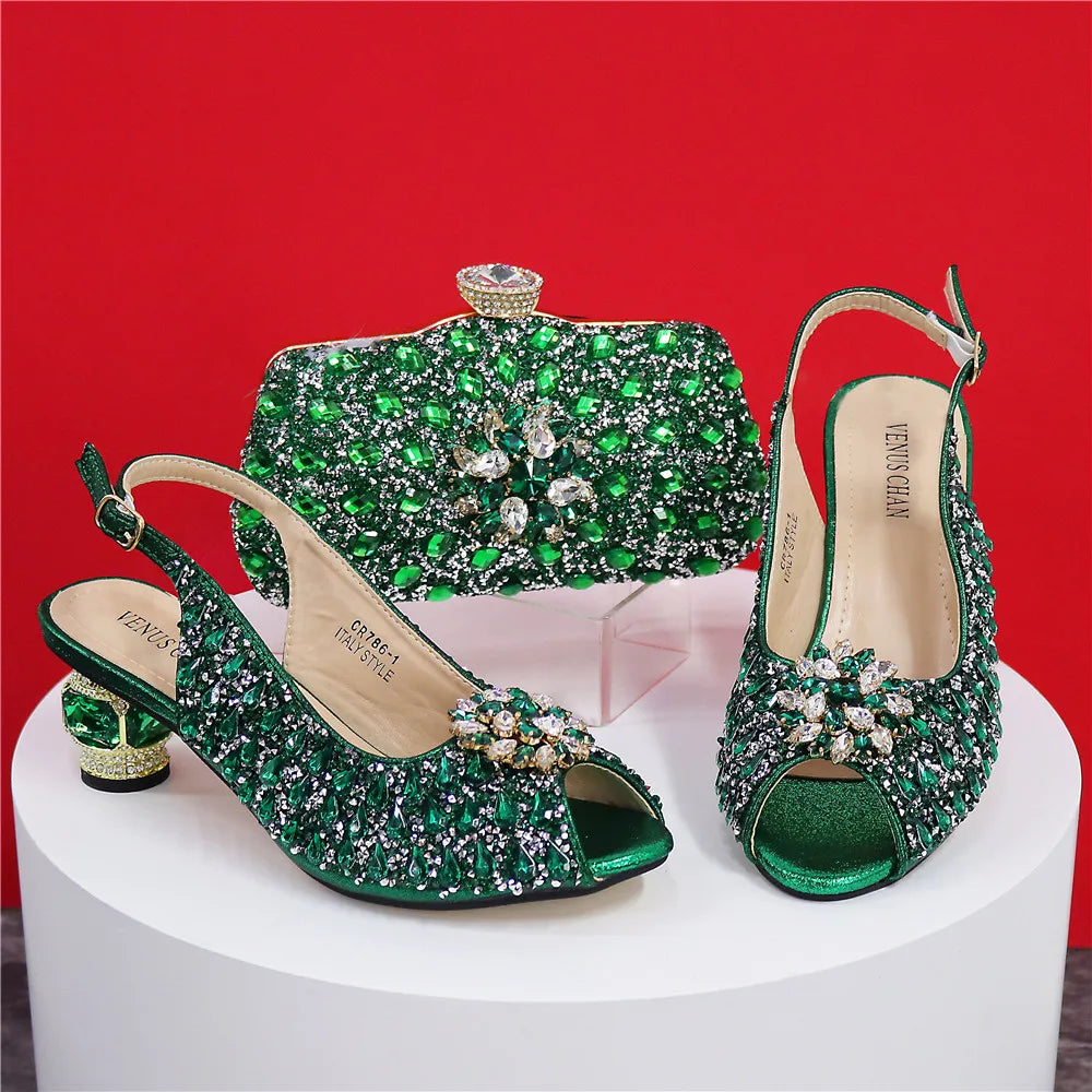 Silver Color Wedding Sandals for Women Bride Platform Round Heels Italian Full Drill Design Elegant Shoes and Bag Matching Set