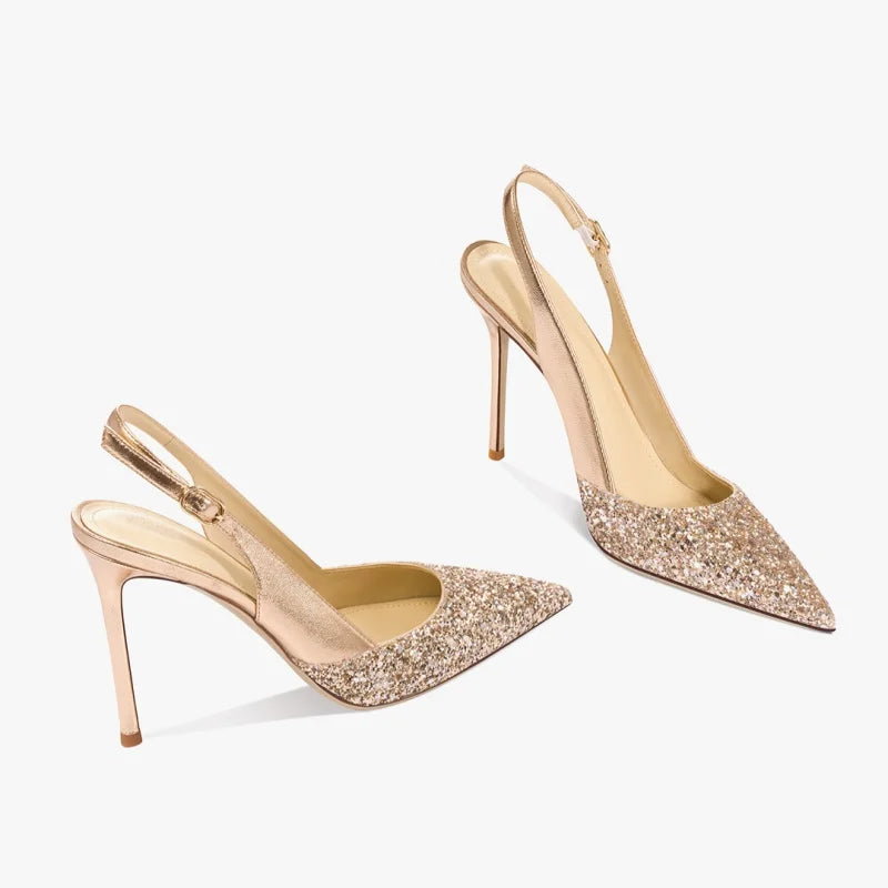 2025 New Summer Luxury Heeled Sandals Gold Sequins Back Strap Pointed Toe Stiletto Pumps Elegant Comfortable Prom Women's Shoes