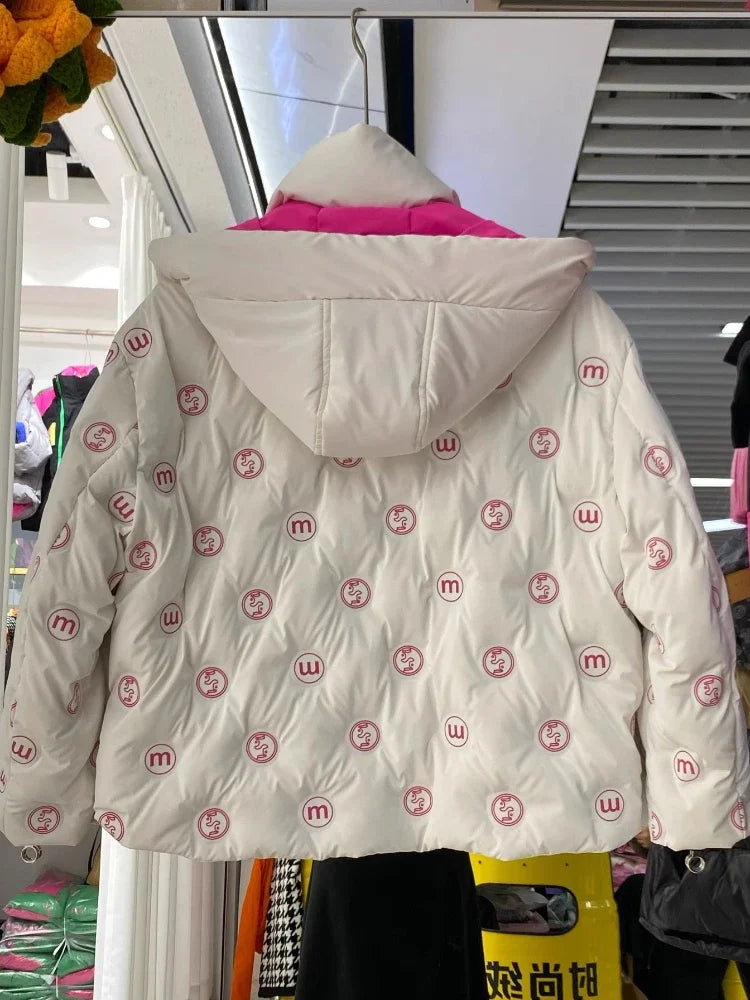 Bright Printed Down Jacket Fashion Hooded Color Block Short Jackets Winter Wash Free Loose Thick 90 White Duck Puffer Coat Women