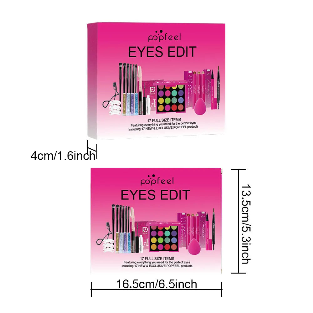 POPFEEL 22-Piece Eye Makeup Set: Includes 16-Color Eyeshadow Palette, Pearl Shimmer, Eyeshadow, Brow Tint, Black Eyeliner