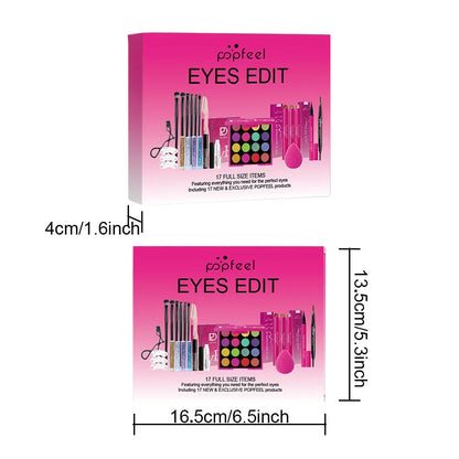 POPFEEL 22-Piece Eye Makeup Set: Includes 16-Color Eyeshadow Palette, Pearl Shimmer, Eyeshadow, Brow Tint, Black Eyeliner