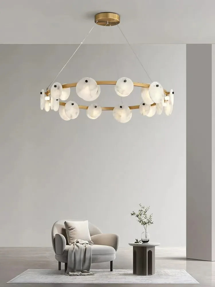2026 Natural Marble Pieces LED Chandelier Lustre Alabaster Pendant Light Suspension Luminaire Lampen For Foyer Dinning Room
