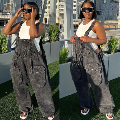 Denim Jumpsuits Women One Piece Pants Sleeveless V Neck Pockets High Waist Straight Pant Casual Rompers Overalls Spring Summer