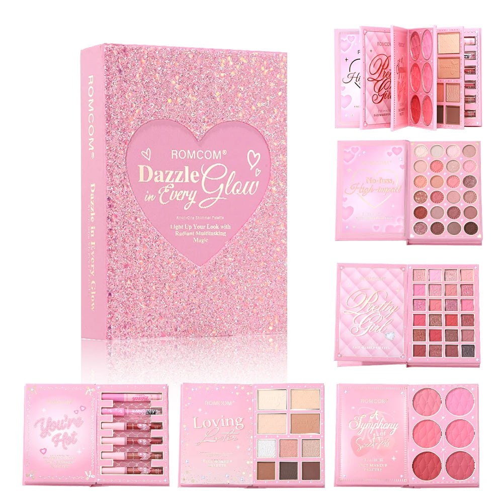 All-in-One 5-Page Makeup Magic Book: Full Kit with Multi-Shade Eyeshadow, Blush, Highlighter, Contour & Glossy Lip Gloss