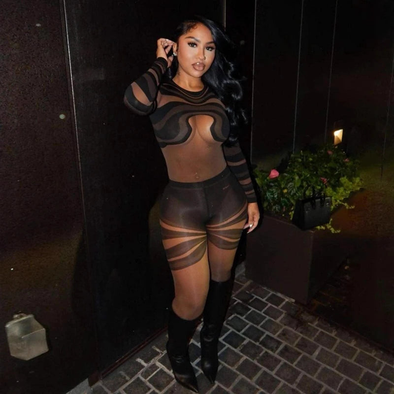 Stylish Lady Black Mesh Striped Printed Jumpsuits 2025 Autumn Women Long Sleeve O Neck See Through Sexy Club Party Overalls