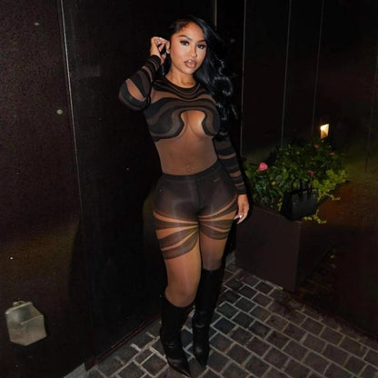 Stylish Lady Black Mesh Striped Printed Jumpsuits 2025 Autumn Women Long Sleeve O Neck See Through Sexy Club Party Overalls