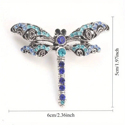 Vintage Silver-Tone Dragonfly Brooch - Blue & Green Rhinestones, Intricate Filigree Design, for Daily Outfits, Ideal Gift