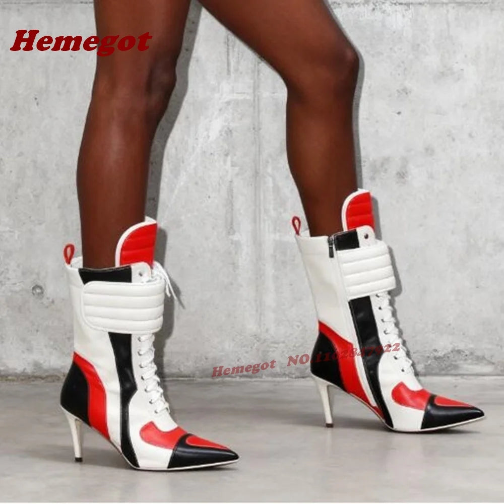 Yellow Black Patchwork Motorcycle Boots Pointy Toe Stiletto Heels Splicing Women's Ankle Boots Side Zipper Hook and Loop Shoes