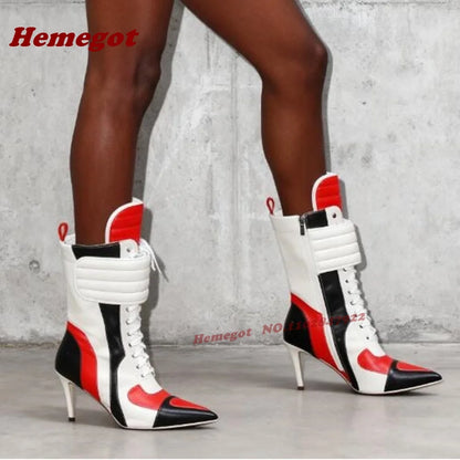 Yellow Black Patchwork Motorcycle Boots Pointy Toe Stiletto Heels Splicing Women's Ankle Boots Side Zipper Hook and Loop Shoes