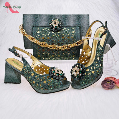 Mature Style Women Shoes and Bags Set 2023 Spring New Design Rose Gold Color Italian Sandals with Shinning Crystal for Party