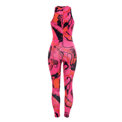 FAGADOER Fashion Rose Red Print Bodycon Jumpsuits Sexy Color Patchwork Off Shoulder Zipper Rompers Streetwear Club Playsuits New