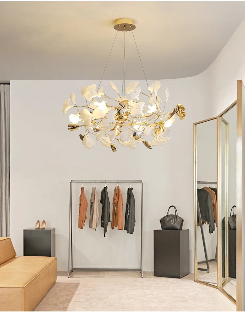 Modern Ceramics Chandeliers Home Ginkgo Biloba Decoration Villa Living Room Lighting Pendant Lamps Indoor Hanging Lights Fixture