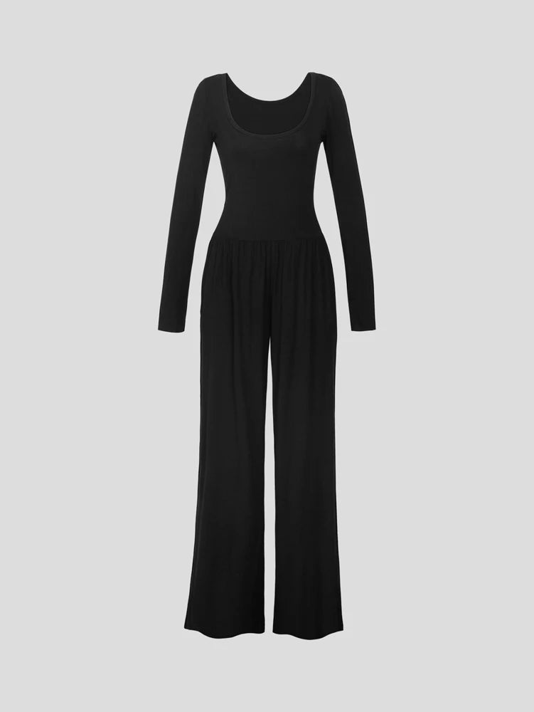 Autumn New Arrivals: Women's Black Long-Sleeved Square Neck Jumpsuit   Casual Long-Sleeved Relaxed Wide-Leg Jumpsuit