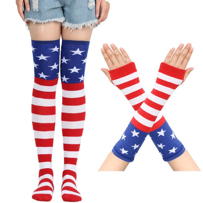 Long Over Above Knee Socks Womens mittens Arm Sleeve Gloves Set Striped Thigh High Stockings Ladies Girl Pink Black White Lolita