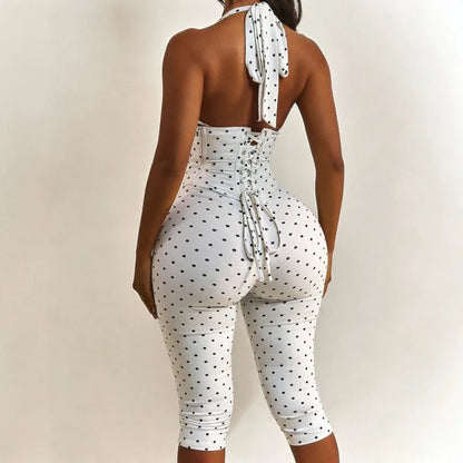 Grommet Lace Up Corset Side Zipper Patchwork Polka Dots Print Calf Length Jumpsuits Women Lace Up Halter Backless Slim Overalls