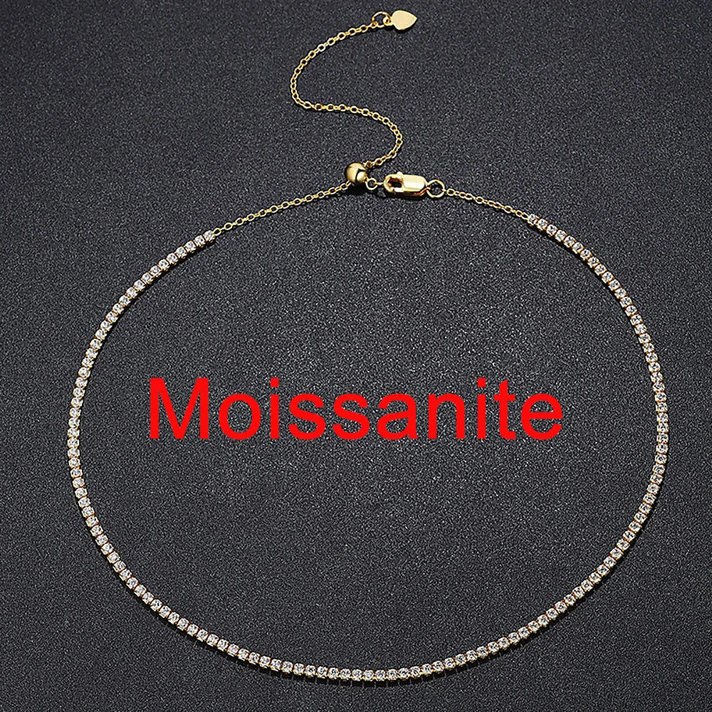 2mm All Moissanite Tennis Necklace for Women 925 Silver Plate 18K Gold Choker Chain Sparking Diamond Riviera Necklace Adjustable