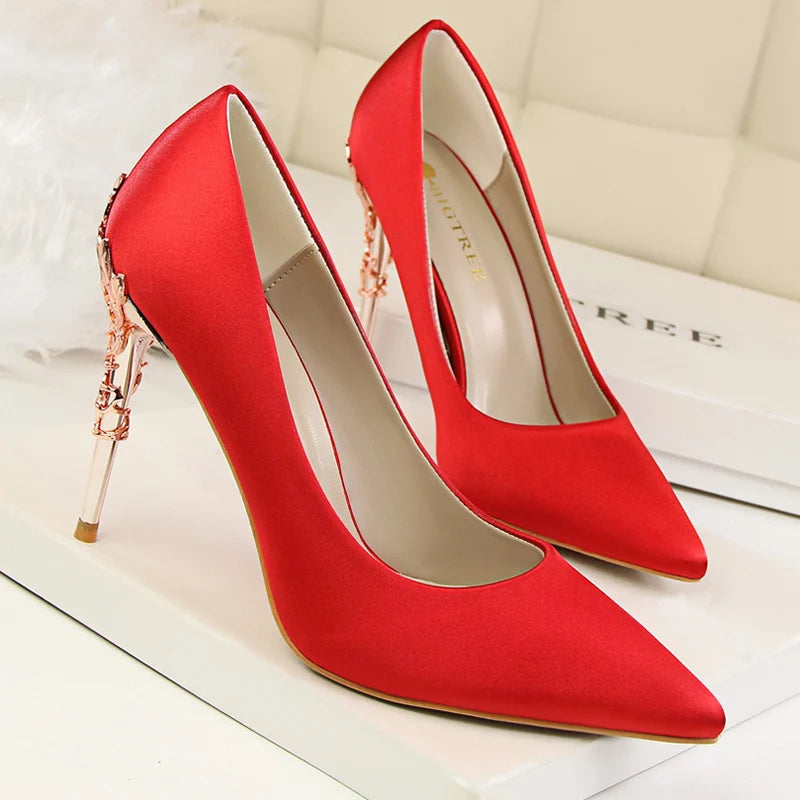 Women Luxury Metallic Decoration Heel Wedding Shoes Lady Trendy 10cm High Heels Pointed Toe Shoes Female Premium Gray Shoes