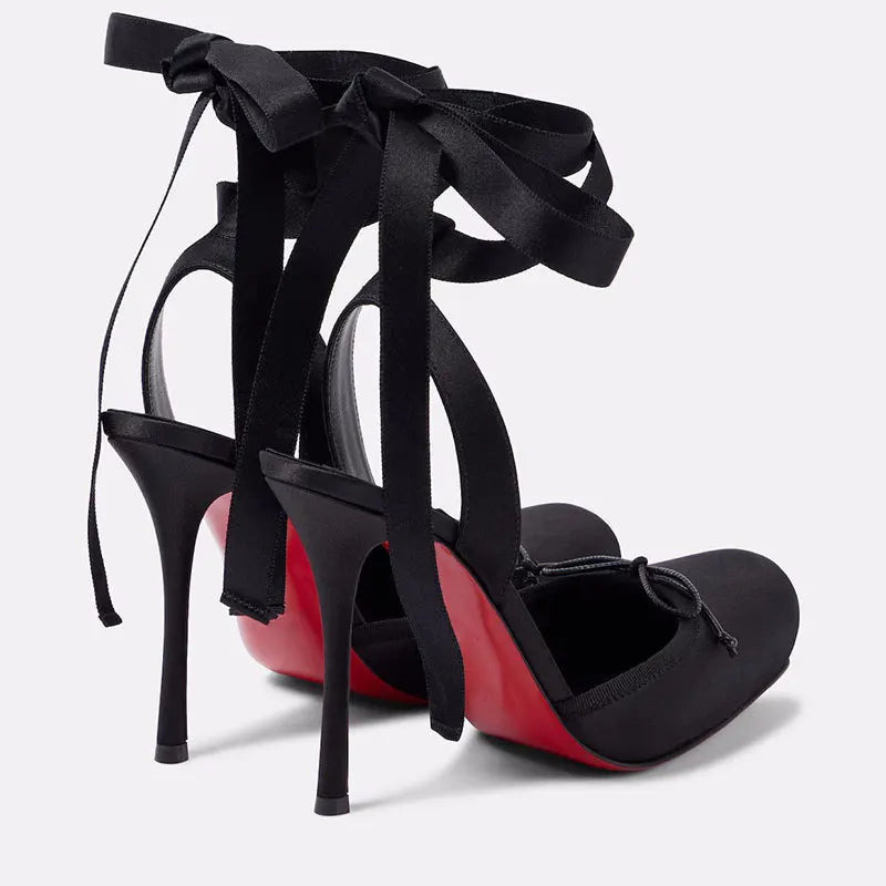New 2026 Summer Women's Nude Satin Lace-Up Bow Heel Closed Square Toe Sandals Ballet Shoes Luxury Dress Slingback Ladies Pumps