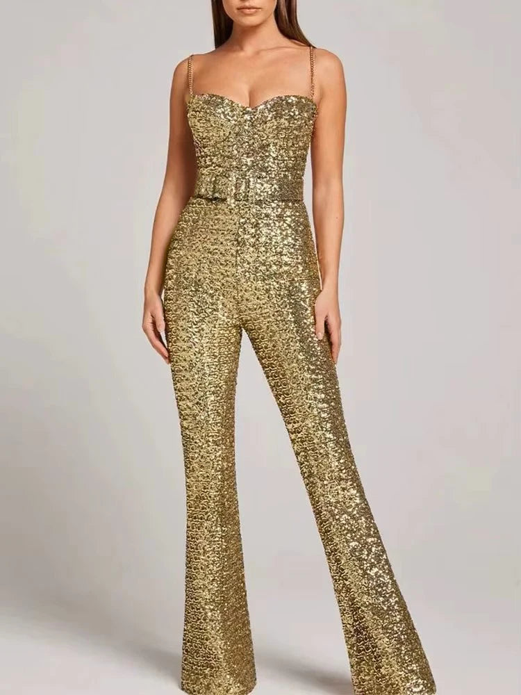 New Shiny Sequined Backless Banquet Jumpsuit Casual Women's Off Shoulder Summer Playsuit Fashion Sleeveless High Waist Rompers