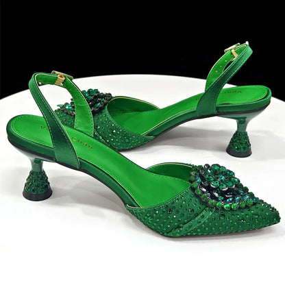 Latest Women Italian Shoes and Matching Bags Decorated with Rhinestone Elegant Pointed Toe Wedding Shoes Bride