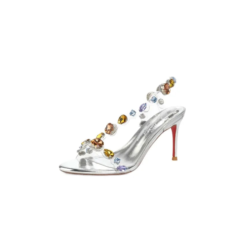 New silver rhinestone transparent straight strap sandals with slim heels and exposed toes, fashionable and stylish crystal shoes