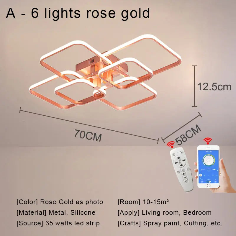 Modern Square LED Ceiling Chandelier with Remote Control Dimmable Light Fixture for Living Room Bedroom Dining Home Decor Lamp