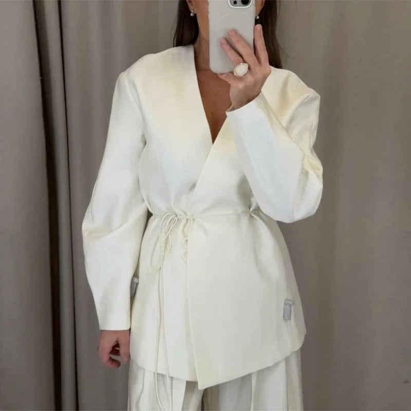 Elegant Women's Lace Up Shirt Pant Sets 2026 Summer V-neck Long Sleeve Top High Waist Loose Wide Leg Pant Two Piece Set Women