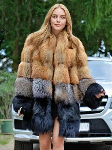 Women Winter Faux Fur Fox Coats mid-length Jackets Furry Outerwear Party Gradient splicing design Thick Warm Coats