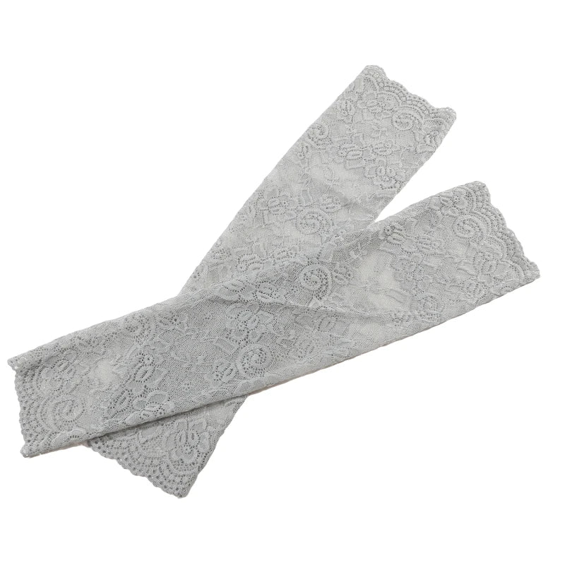 Women Summer Ice Silk Lace Arm Sleeve Elastic Sleeve Driving Gloves Black White Long Fingerless Mittens Sunscreen Gloves