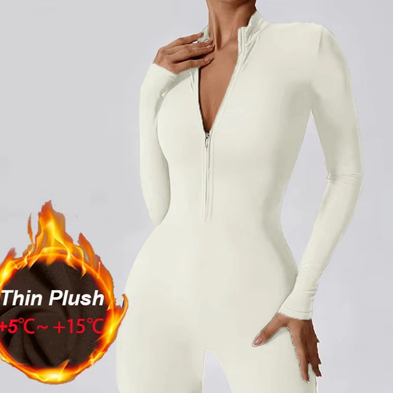 Warm Thin Fleece Jumpsuits Women's Tracksuit Winter One-Piece Sports Suit Black Fitness Jumpsuit Long Sleeves Workout Bodysuit