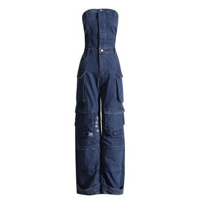 TWOTWINSTYLE Solid Patchwork Pocket Casual Denim Jumpsuits For Women Strapless Sleeveless High Waist Temperament Jumpsuit Female