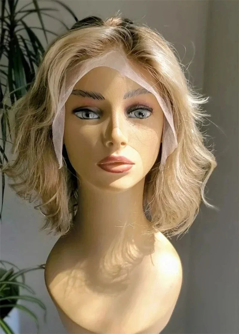 Synthetic Lace Front Wig Short Wavy Bob Wig for Women Blonde Highlights Glueless HD 13X4 Lace Front Wig Pre Plucked Middle Part